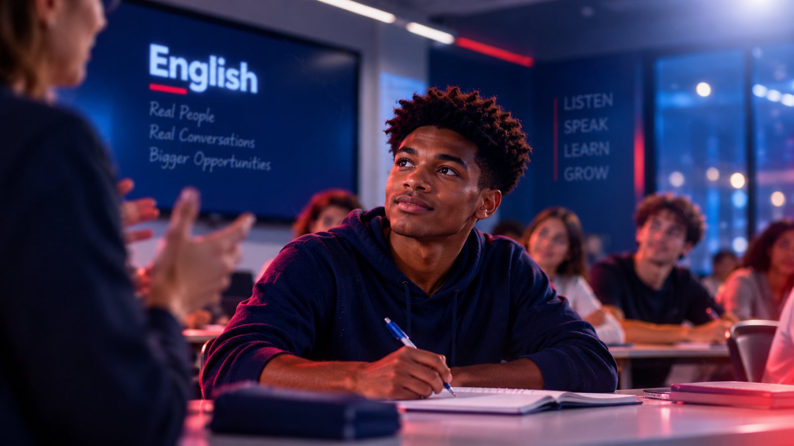Aluno participando de aula presencial no IBEU, em turma pequena